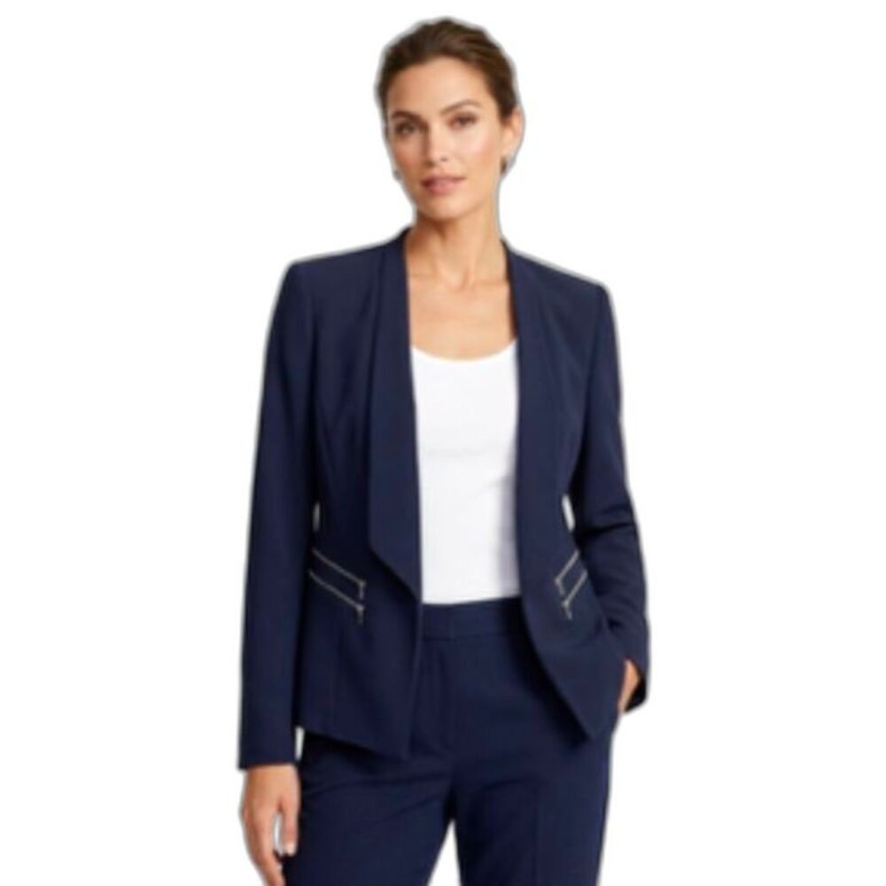 Lafayette 148 Women's Navy Blue Open Front Zipper Detail Career Blazer Size 10